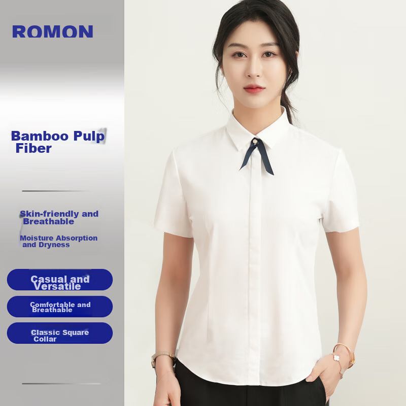 ROMON [Bamboo Fiber] Wrinkle-Resistant Short-Sleeve Shirt for Women, Slim-Fit Business Professional Formal Wear, Commuter Work Uniform Top Blouse