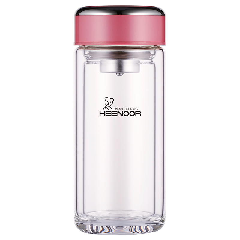 Heenoor Double-Layer Glass Cup for Home And Office, Water Bottle for Women, Stylish Filtered Tea Cup XN-9330 Pink 200mL