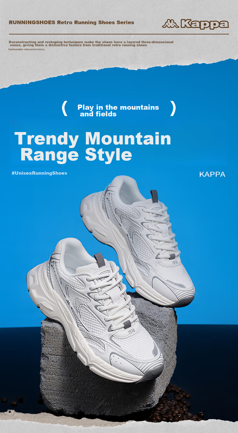 Kappa Hydrogen Track Dad Sneakers, Women's Shoes, Autumn Breathable Height-Increasing Casual Versatile White Shoes, Shark Gray, Size 37 2