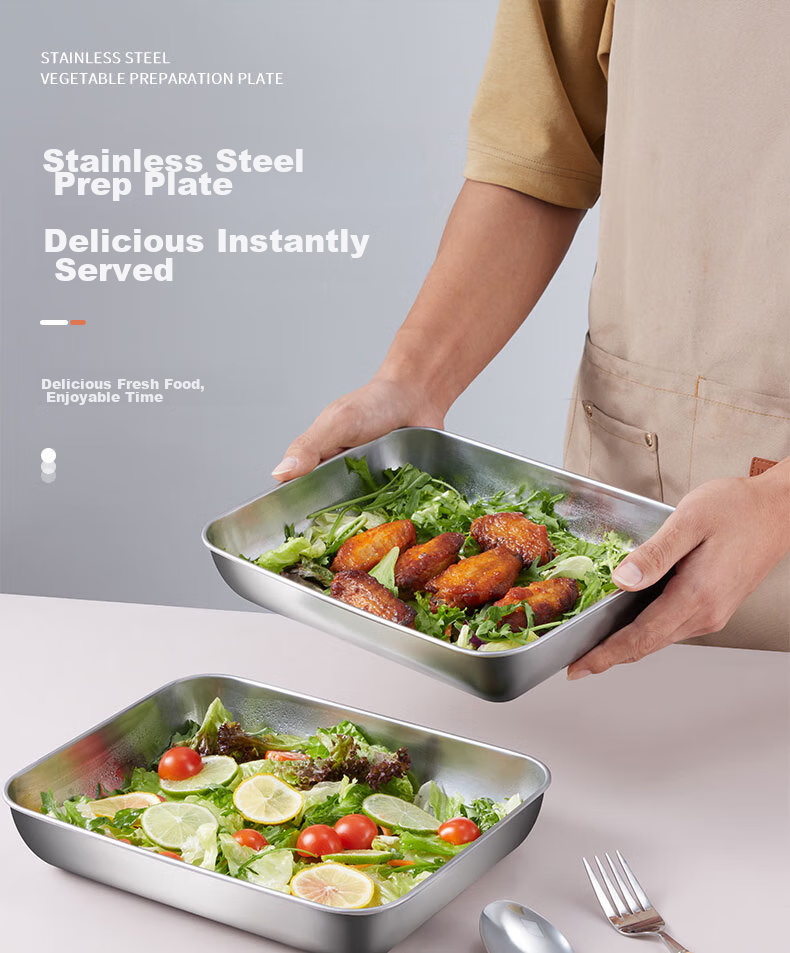 BJ Stainless Steel Rectangular Food Storage Containers, Extra Thick Tray Boxes, Vendors' Cold Dish Plates, Barbecue Plates, Large Size with Lids, Set of 6 1