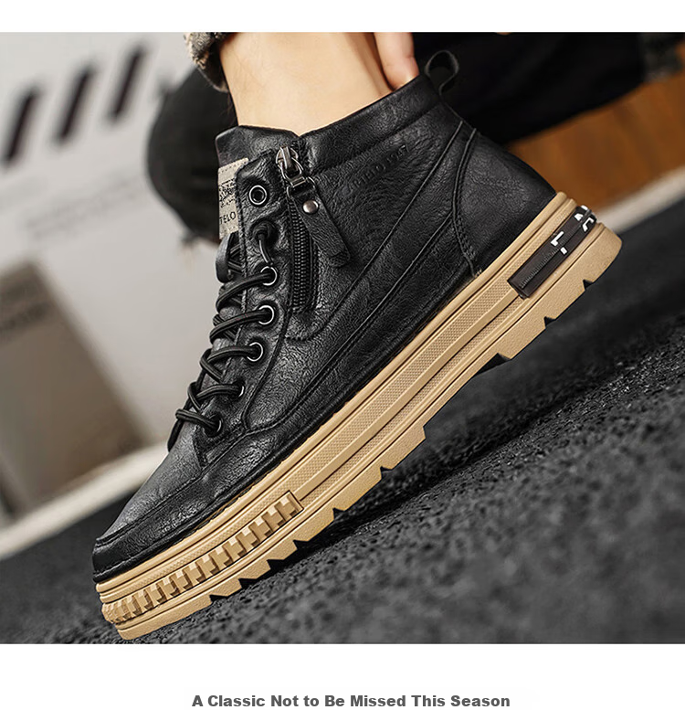 CARTELO Men's Shoes, Spring 2026 Popular High-Top Casual Leather Shoes, Thick-Soled Work Boots for Men, Black, Size 43 11