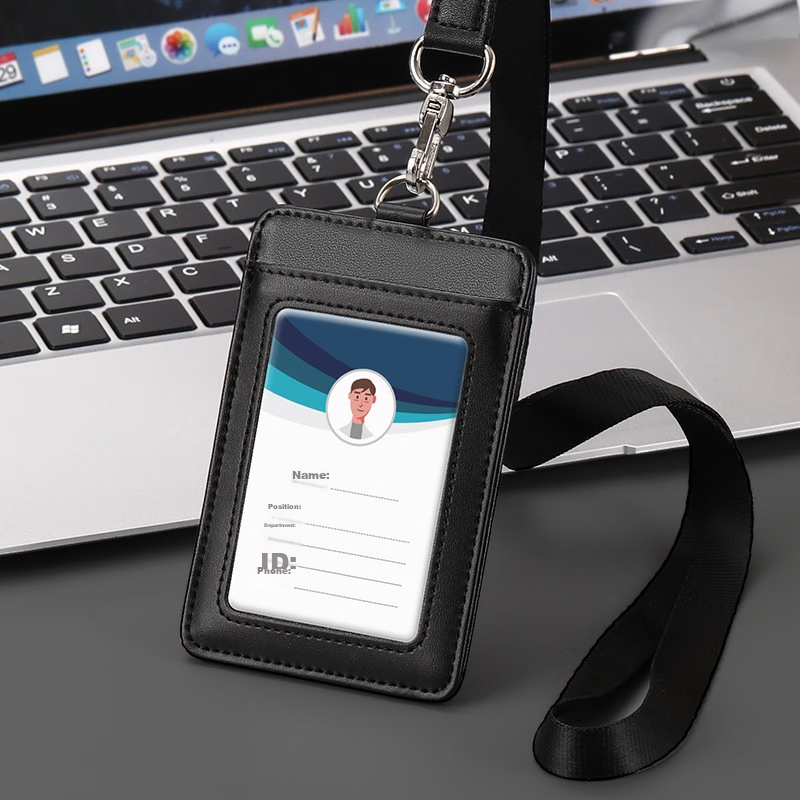 Jiaranheng Genuine Leather Work Badge, Corporate Employee ID Card Holder with Storage Slot, Neck Strap, Conference Access Pass, Work Permit Case, Cowhide Material, Customizable, Black Vertical Style