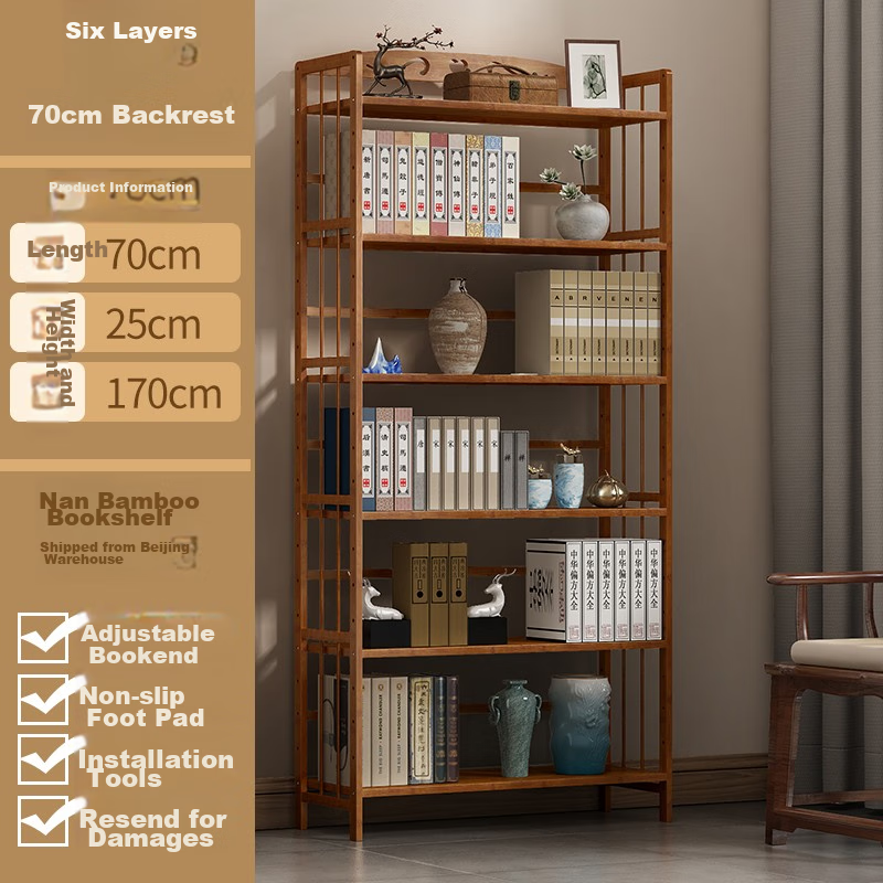 Anerya Floor-Standing Bookshelf, 169cm Tall, Multi-Tier Bamboo Simple Bookcase, Storage Rack, 6 Layers, 70cm Wide