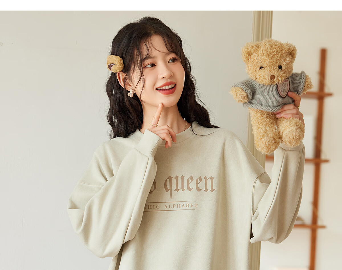 Halo Queen Women's Sweatshirt, Suede Fleece, Spring And Autumn Round Neck, Letter Print Pullover, Loose Fit Versatile Sweatshirt, New Product H143W1022 16