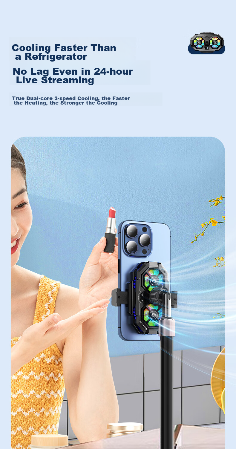WITGOER [Dual Cooling Pad | with Live Streaming Stand] Phone Cooler, Live Streaming Dedicated Stand, Integrated Semiconductor Back Clip Gaming Cooling Fan, Quiet Fan for Apple And ASUS 7