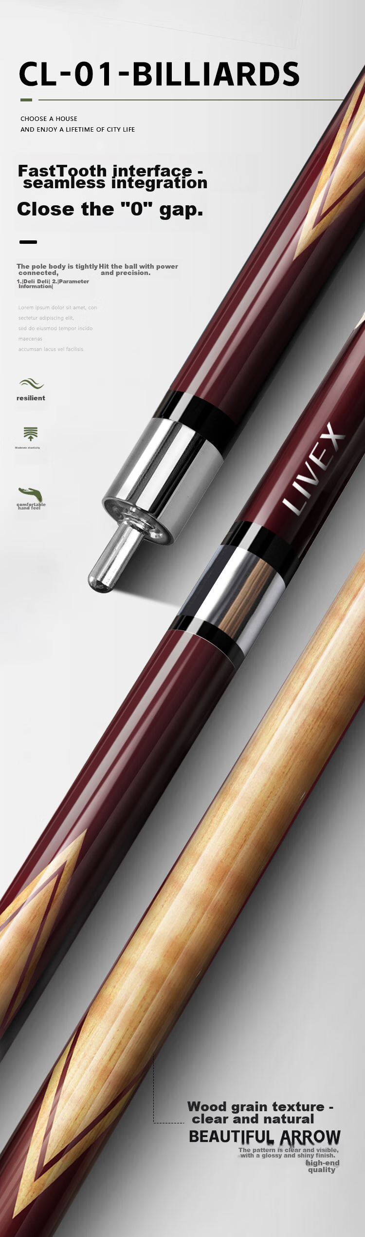 LIVEX Charlie Pool Cue, Large Tip Cue, Chinese 8-Ball Two-Piece Billiard Cue, American 16-Ball Pool Cue, with Cue Tube 8