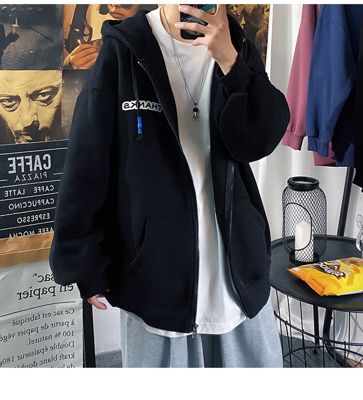 Foss Phil Men's Jacket, Spring And Autumn Large Size Cardigan Sweatshirt, Hooded Sports Top, Loose-Fitting Jacket JK2080, Black, XL 10