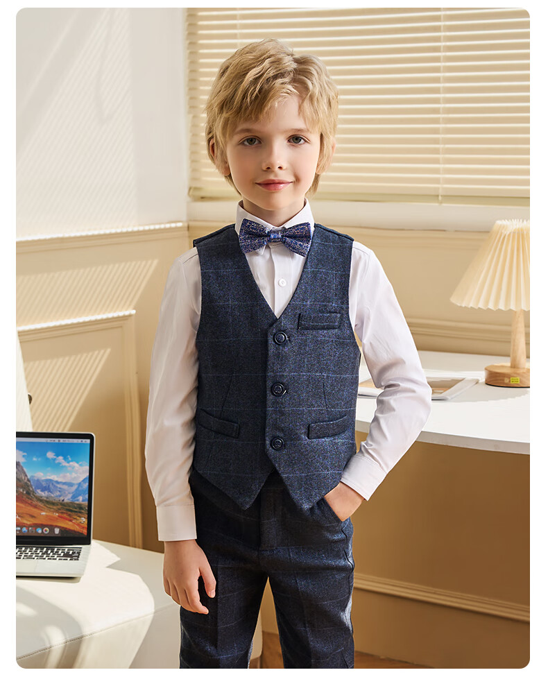 Luomeng Children's Suit Set, Boys' Host Flower Boy Formal Wear for Performances, Blue Plaid Five-Piece Set, Size 170 17