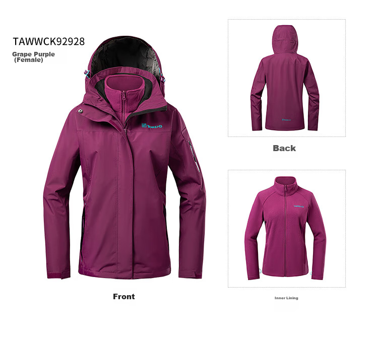 TOREAD Women's Outdoor Three-In Fleece Jacket, Detachable Two-Piece Set, Windproof, Warm Mountaineering Suit, Cold-Resistant Coat 56