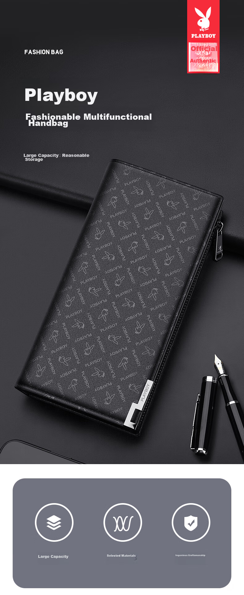 PLAYBOY Wallet, Men's Long Leather Card Holder, Clutch Bag for Men, Portable Handbag, Birthday Gift for Dad 1