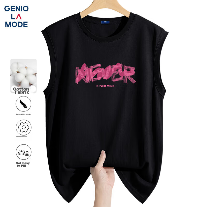 GENIOLAMODE Men's Tank Top, Summer Heavyweight 220G Pure Cotton Breathable Casual Sleeveless T-Shirt Vest for Men, Black, Size M