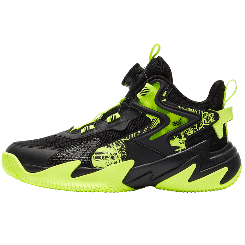 361° Children's Sports Shoes, All-Season Youth Basketball Shoes, Durable Training Sneakers with Rotary Buckle, Green, Size 39