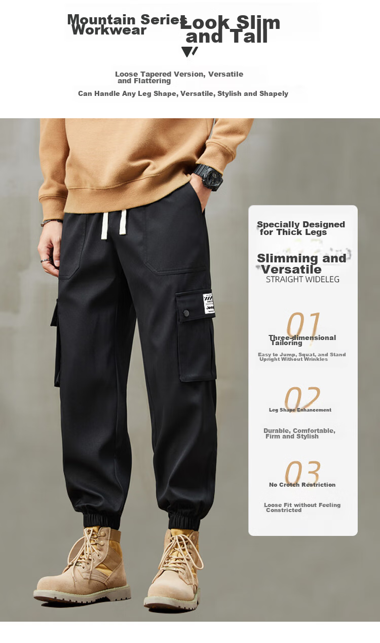JEEP SPIRIT Men's Cargo Pants, Spring And Autumn Tapered Trousers, Classic Trendy Sweatpants, Loose Casual Pants, Black, Size L 3