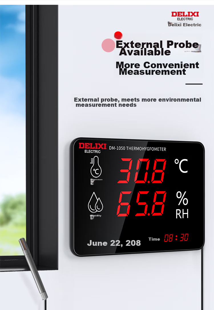 DELIXI ELECTRIC Industrial High-Precision Temperature And Humidity Meter Wall-Mounted External Probe Ultra-Warm Alarm Display Large Screen Home Use 6
