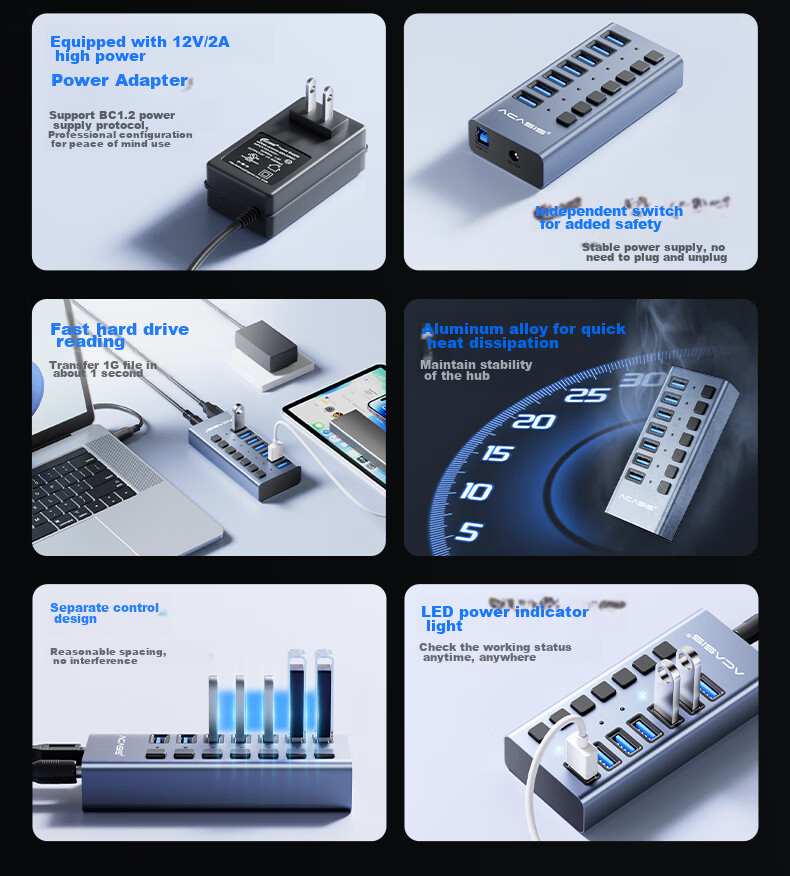 Acasis USB 3.1 Hub, 7-Port Expansion Dock, Independent Control Hub, Individual Switch Expansion Adapter, Compatible with Apple Mac Laptops, Expansion Dock HS-707MG 10Gbps 7