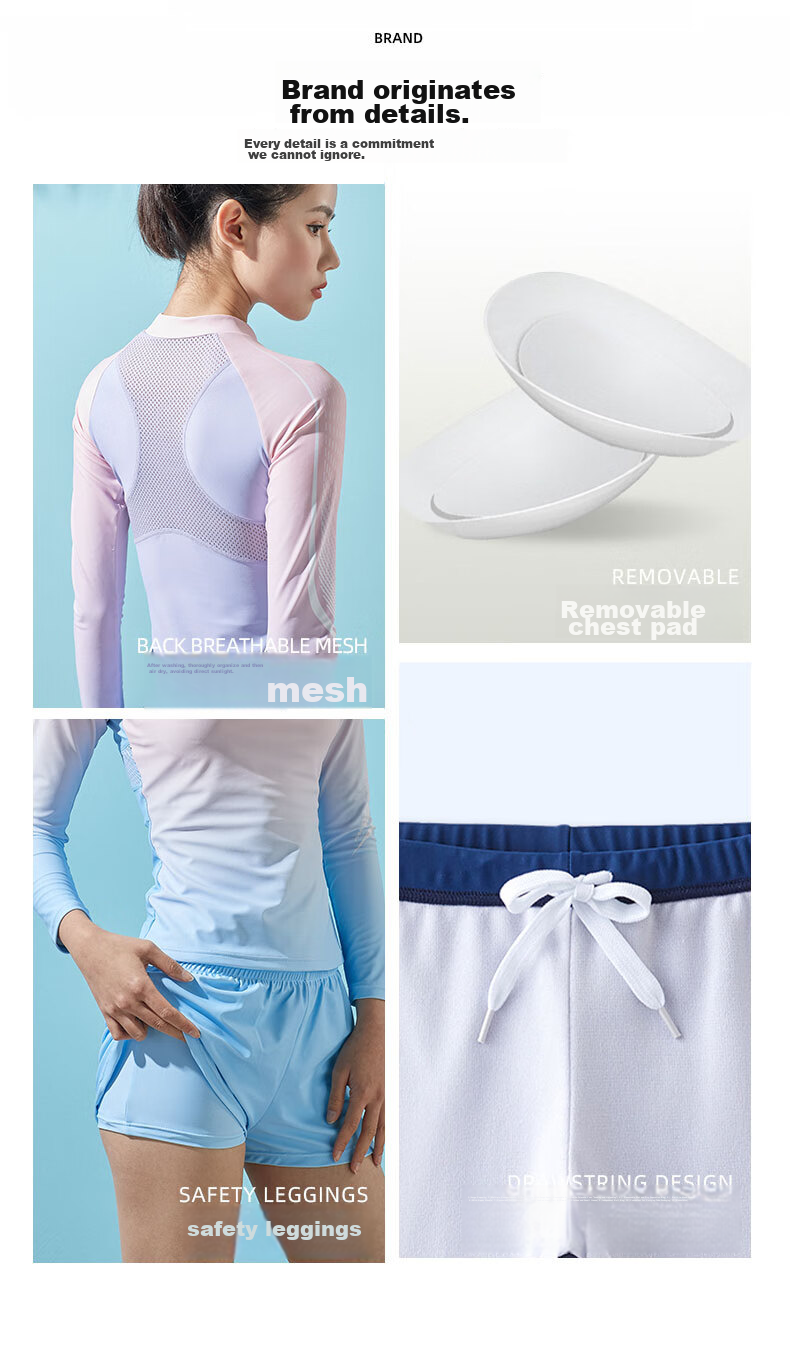 Li-Ning Women's Swimsuit, Sports Casual Two-Piece Swimwear, Fashionable Color-Block Long-Sleeve Hot Spring Resort Swimwear, 072 Blue Pink, 3XL 9