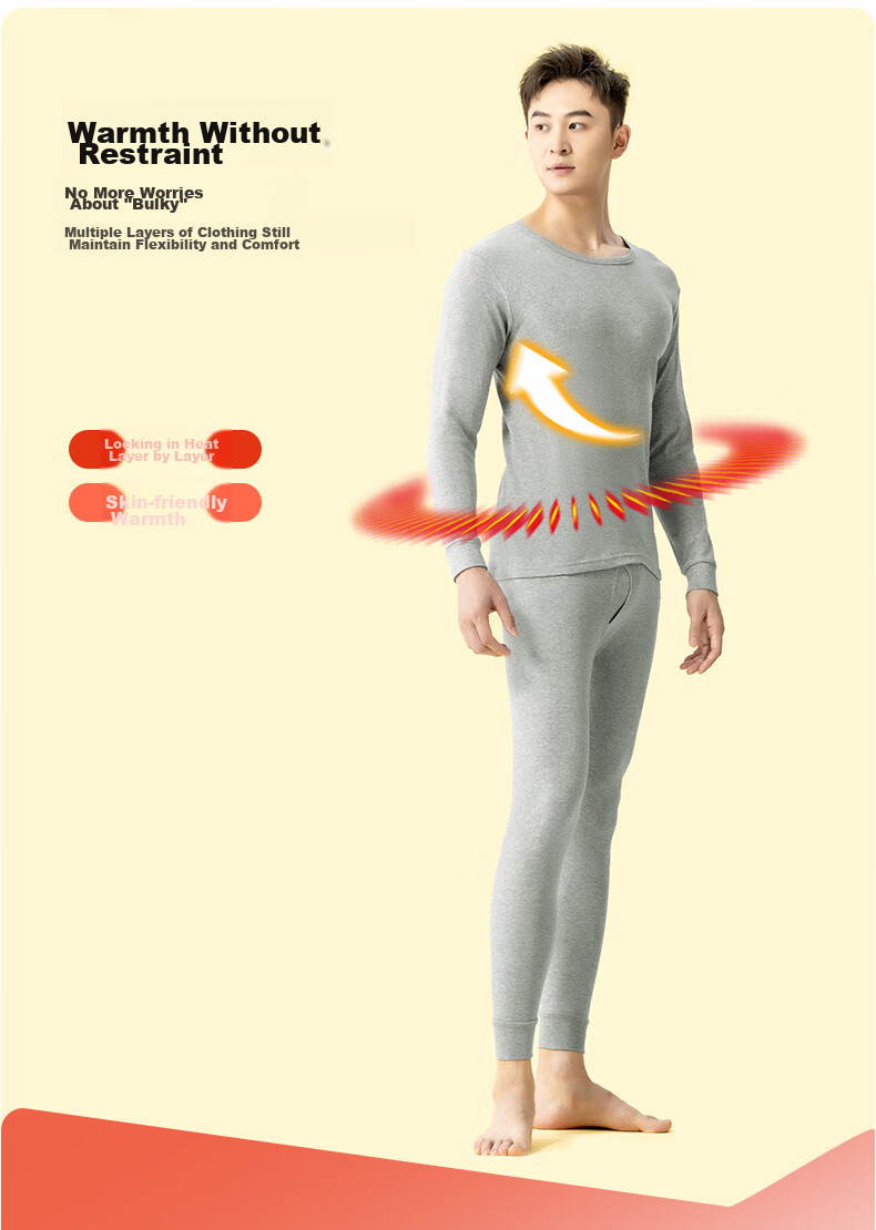 Yiershuang [100% Cotton] Autumn And Winter Thermal Underwear Set, 40s Men's Slim-Fit Base Layer Top And Bottom 5
