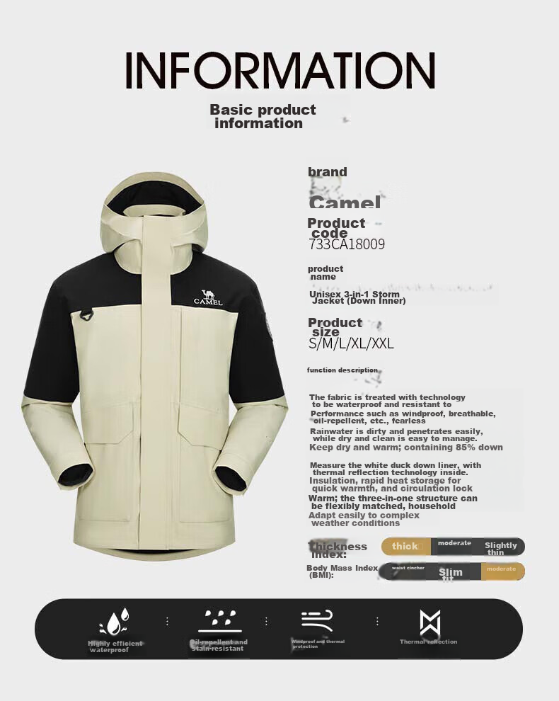 CAMEL Women's 3-in-1 Down Jacket Winter Detachable Liner Waterproof Coat 11