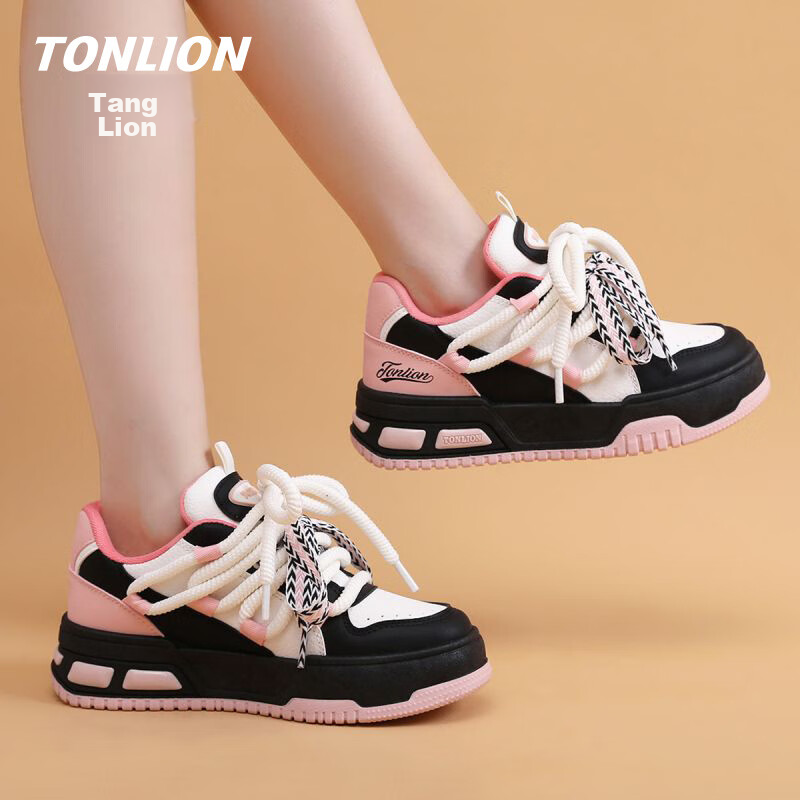 TonLion Women's Shoes, Spring And Summer 2026 Thick-Soled Sneakers, Ladies Casual Shoes, Versatile Sports Dad Shoes, White Black Pink, Size 37