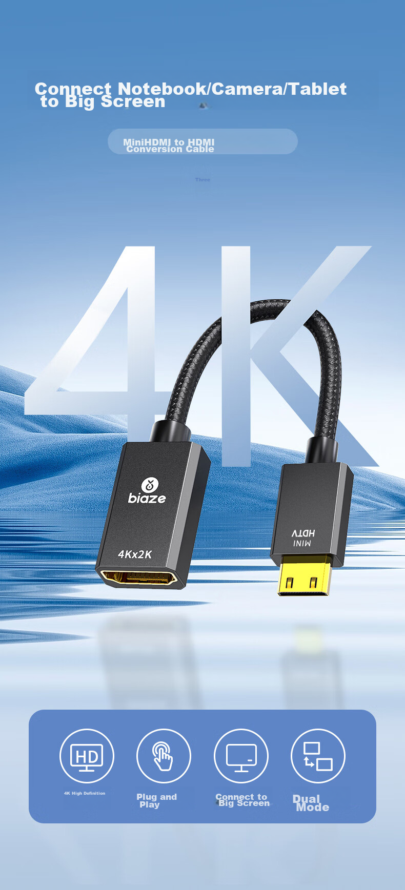 BIAZE Mini HDMI to Standard HDMI Adapter Cable Female, 4K60Hz High-Definition Male to Female High-Definition Converter Head for Connecting Tablets, Cameras to Computers, TVs, Projectors And Monitors 3