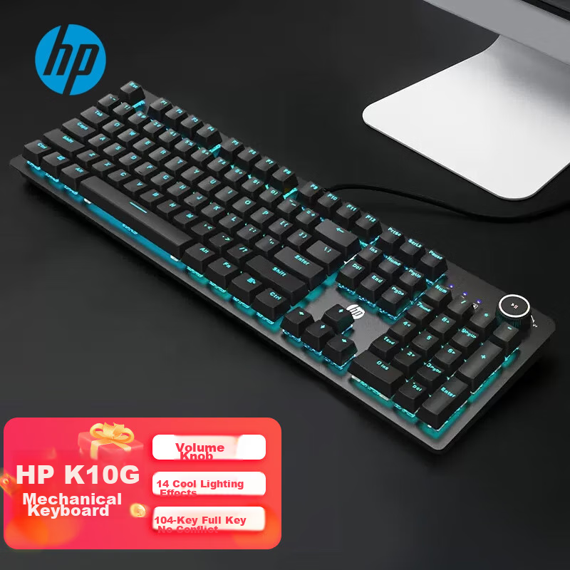 HP K10G Mechanical Keyboard with Blue Switches, Wired Keyboard for Gaming, E-Sports, Office Work And PUBG, 104 Keys Full-Size Compatible with Laptops And Desktop Computers, Full Anti-Ghosting