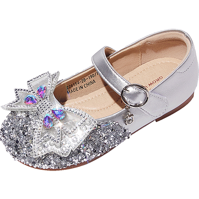Snoffy Spring Leather Shoes for Girls, Princess Shoes for Older Children, Grit Crystal Shoes, Comfortable Children's Performance Shoes, Moonlight Silver, Size 27