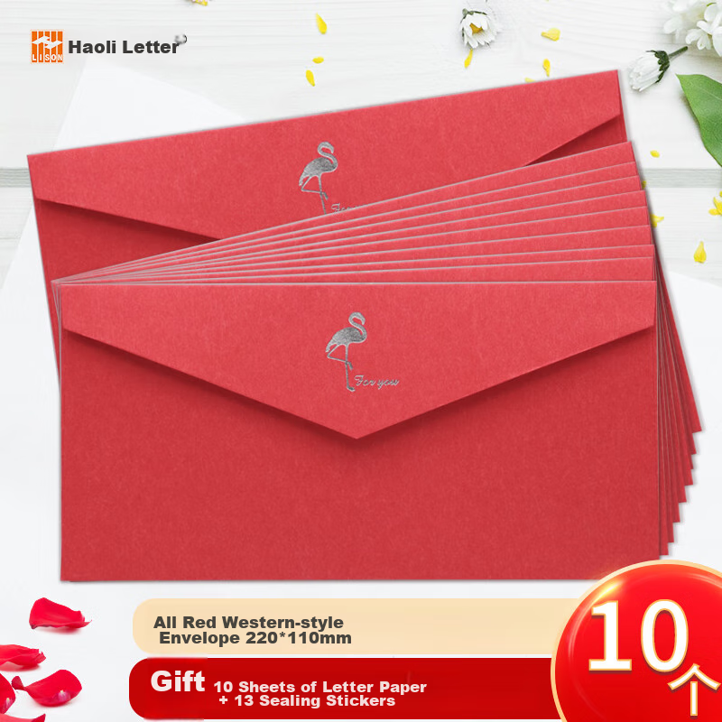 LISON 1536 Western-Style Envelopes, Red, 10 Pieces/pack, Vintage Simple Business Gold-Stamped Envelopes And Letter Paper with Sealing Stickers, Love Letter Set, European Style Envelope Bags