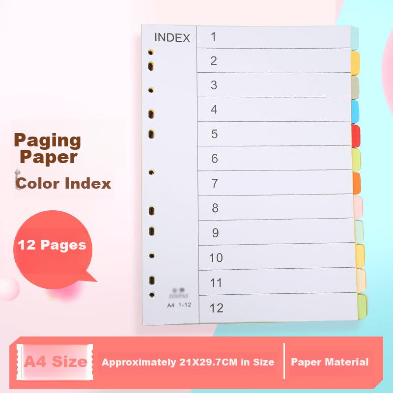 Touch Fish A4 Colored Paper, 12 Pages with 11 Holes, Index Paper, Colorful Divider Paper, 12 Colors of Classification Paper, Divider Paper with Holes, 12 Colors of Punched Paper