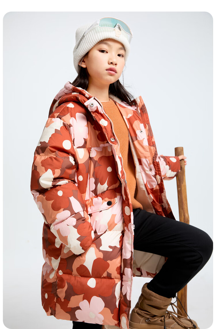 Annil Children's Clothing, Girls' Mid-Length down Jacket, 2024 Winter New Style, Brown Floral Pattern, Size 120 6