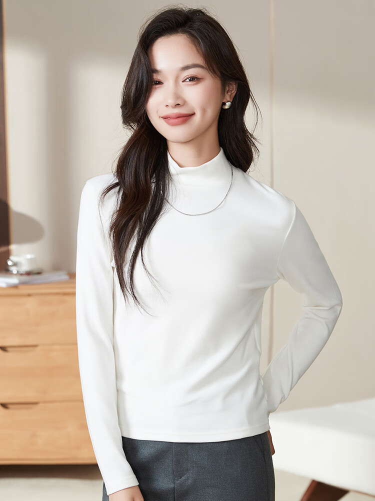 Woodpecker Women's Pure Cotton Half Turtleneck Slim Fit Stretch Long Sleeve Base T-Shirt 2025, White, M 12