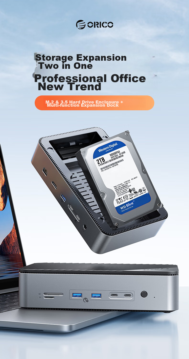 ORICO Hard Drive Enclosure Expansion Dock M.2/3.5 Inch SSD Enclosure Type-C Converter USB3.2 High-Speed USB-C to HDMI Network Port Desktop Expansion Dock D35M2 3