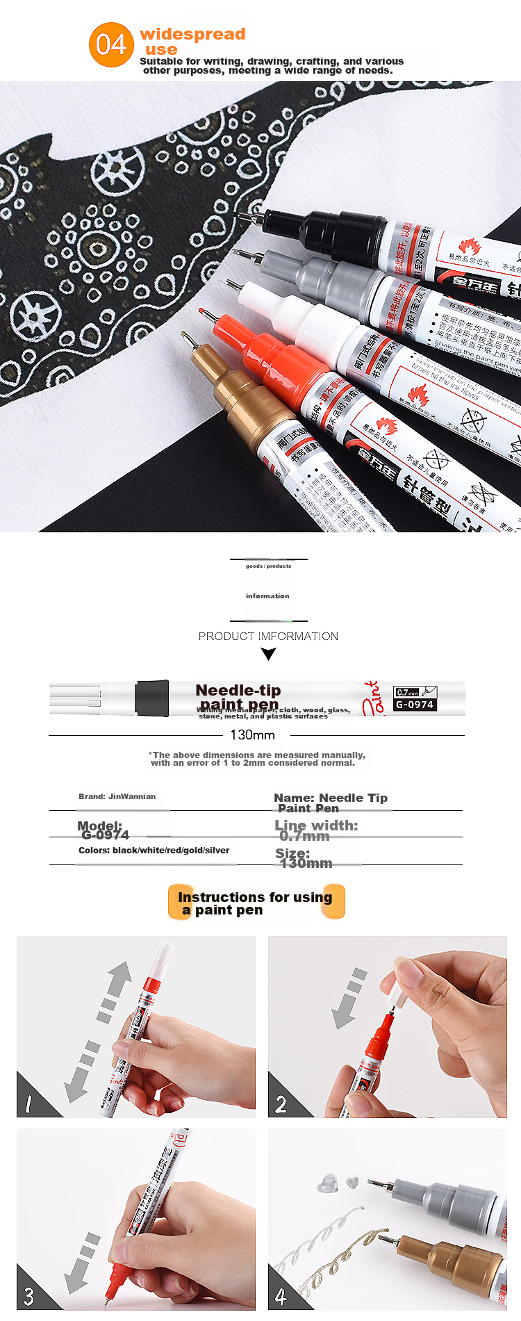 Genvana 0.7mm Paint Marker [Shake for Venting], White, 4-Pack, Signature Pen, Touch-Up Pen, Marker Pen, Check-In Pen, Graffiti Pen, Tire Pen, Fade-Resistant, G-0974 3