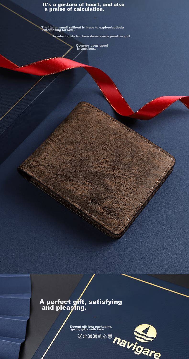 Navigare Italian Small Sailboat Wallet, Men's Vintage Genuine Leather Short Wallet, Men's Card Holder Gift Box, Birthday Present 2