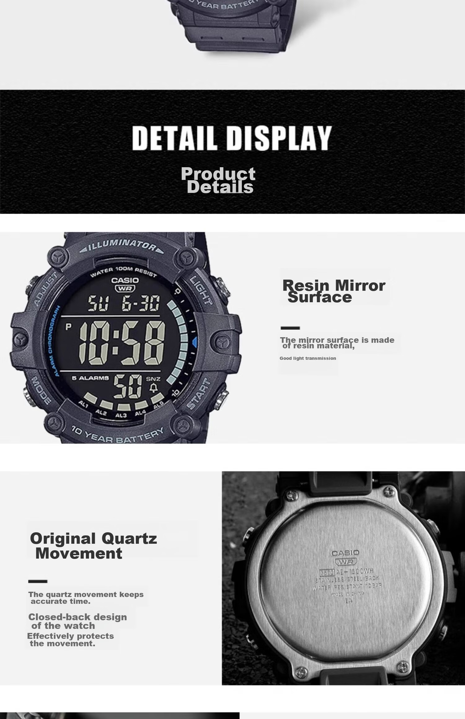 Casio Watch for Men, Large Digital Display, Sports, High School Students, Unisex Watch, Electronic Watch, Gift, AE-1500WH 5