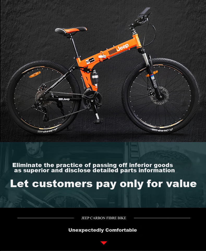 Jeep Folding Mountain Bike, 27-Speed, Dual Shock Absorption, Disc Brakes, Off-Road Gears, Single-Speed Bicycle, Zhanshen Black And Red, Three-Gear Ratio 5