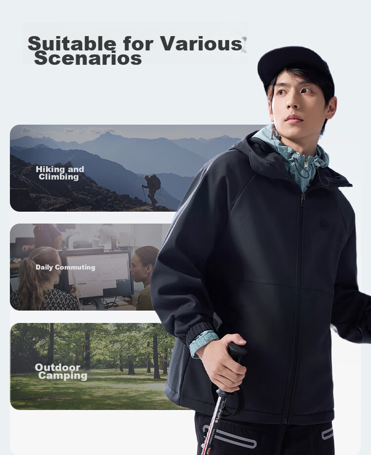 JD Original Windproof And Waterproof Soft Shell Men's Jacket, Autumn New Style Casual Sports Jacket with Fleece Lining And Hood, Black, XL 15