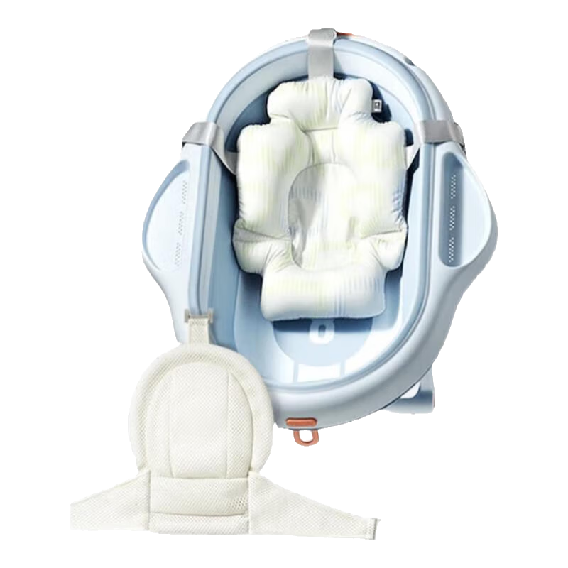 Babycare Baby Bathtub, Foldable Bathing Aid with Temperature Sensing, Swimming Pool Bathtub + Bath Mat + Bath Net, Soft Mist Blue