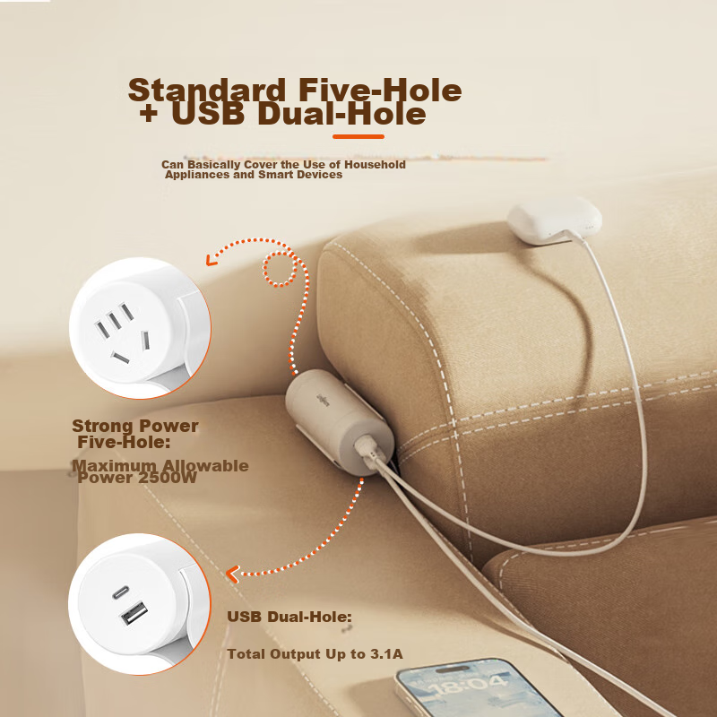 Jiwuqingzhi USB Sofa Socket Type-C Interface + 1 Outlet, Hidden Wiring Dorm Bedside Power Strip/Extension Cord/Power Bar/Outlet Strip, 3m Long Version, White