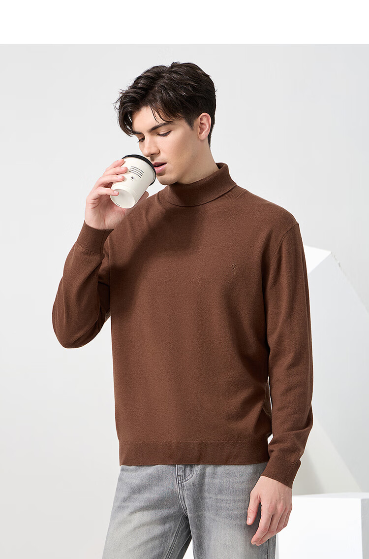 Dance with Wolves [100% Merino Wool] Turtleneck Warm Wool Sweater Versatile Long Sleeve Men's Sweater 306 Brown 175 10