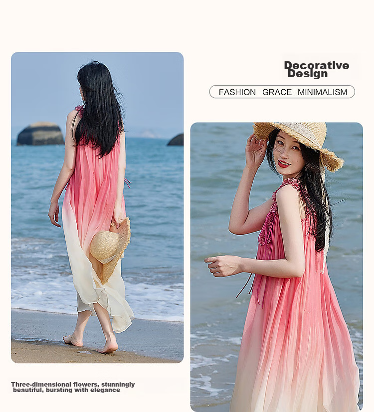 Dme [Dingdai'er Fashion] Summer Flowy Pink Gradient Chiffon Spaghetti Strap Beach Dress, 3D Floral A-Line Dress 6