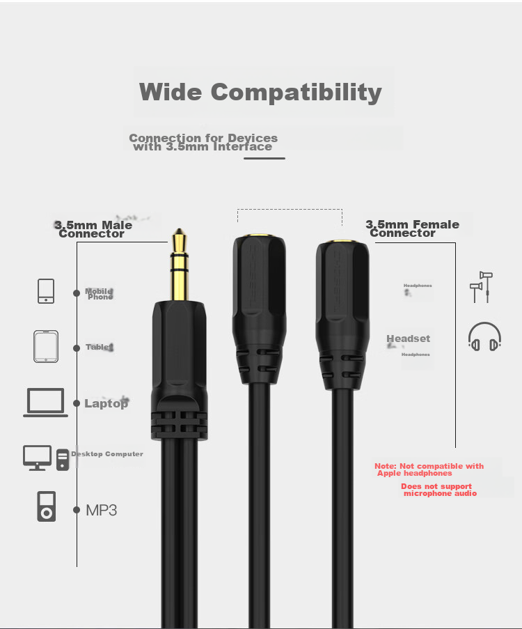 CHOOSEAL (CHOSEAL) 3.5mm Audio Cable, Couples Headphone Cable, AUX Stereo Splitter, Mobile Phone Audio Adapter Connection Cable, 0.2 Meters, QS3014T0D2 5