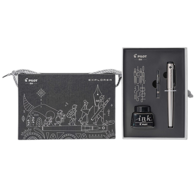 PILOT Explorer Fountain Pen Set, Signature Pen, New Explorer Gift Box with Ink, Knot-Tying Memo Series, FPEX2FSI, F Nib, Silver Color
