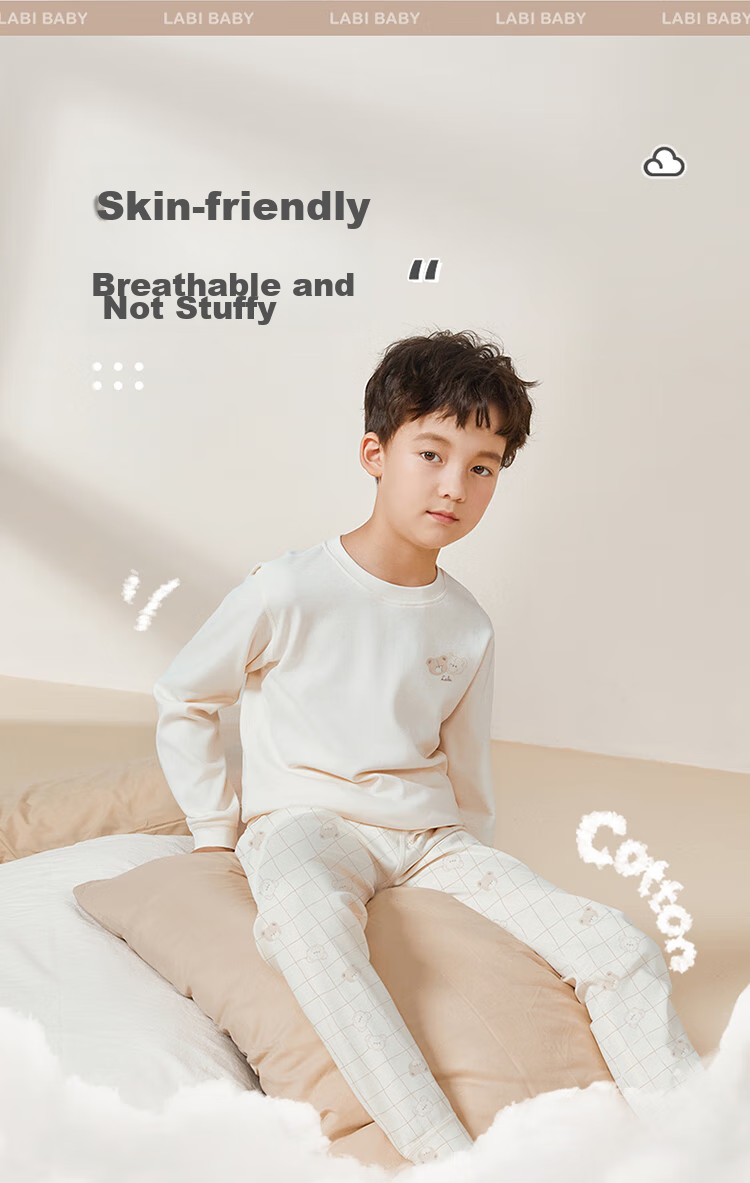 Labi Baby Children's Underwear Set, Boys And Girls Four Seasons Pajamas, Big Kids Autumn Clothes And Pants, Shoulder Opening Off-White, Size 90 8
