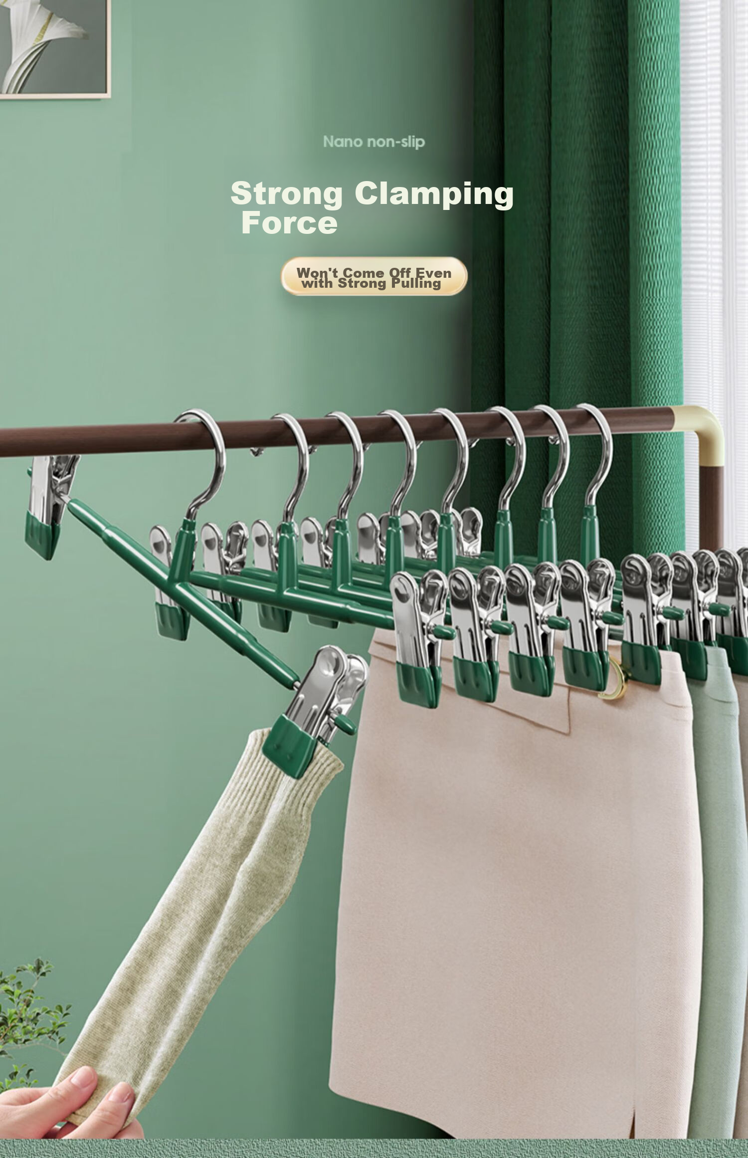 MENGTING Non-Slip Pants Hanger, Extendable And Adjustable, Thickened Seamless Drying Rack, 10 High-Manganese Steel Pants Clips with Hangers 2