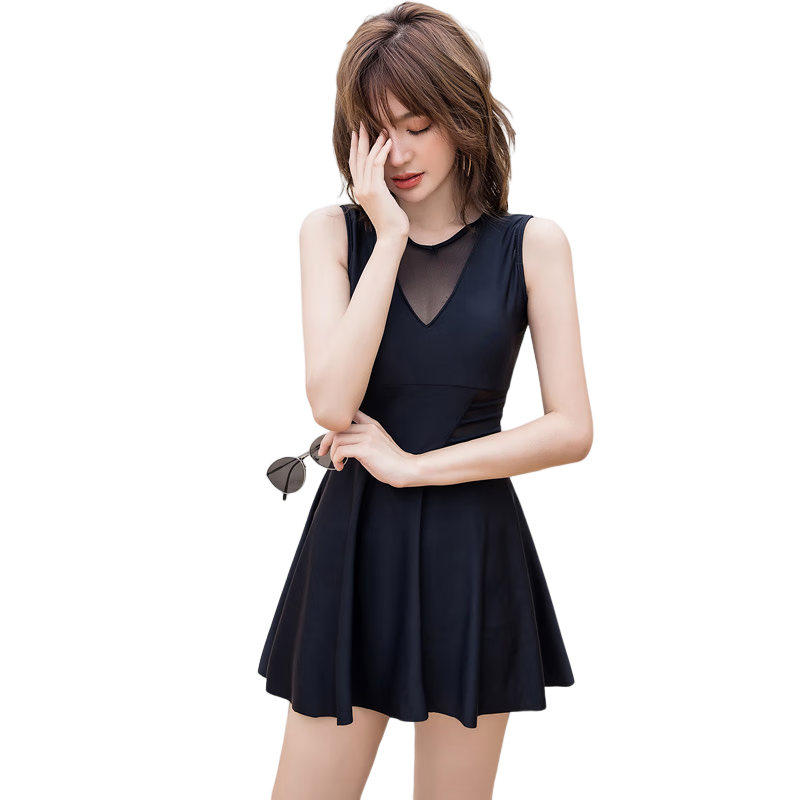 DK Swimsuit for Women, Sexy Small Chest Conservative Tummy-Covering Slimming Korean Hot Spring One-Piece Dress-Style Swimwear, Black, M