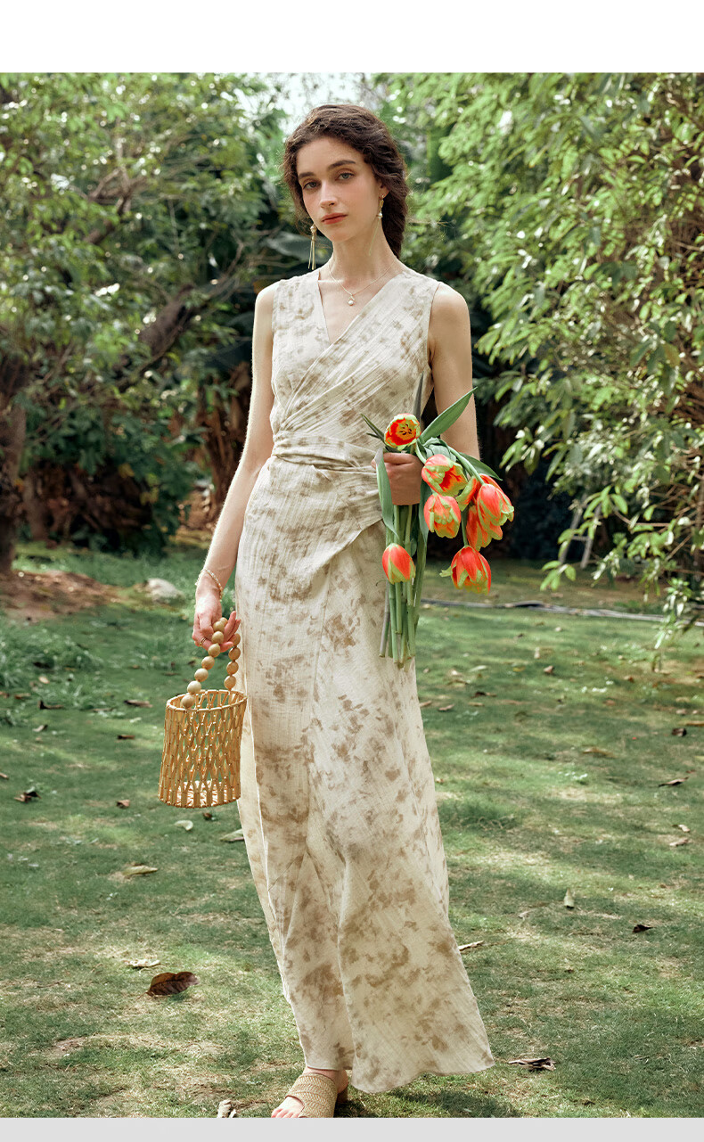 Olrain French Style Apricot Dress Women Summer Waist Slim Floral Mid-Length Dress Apricot L 7