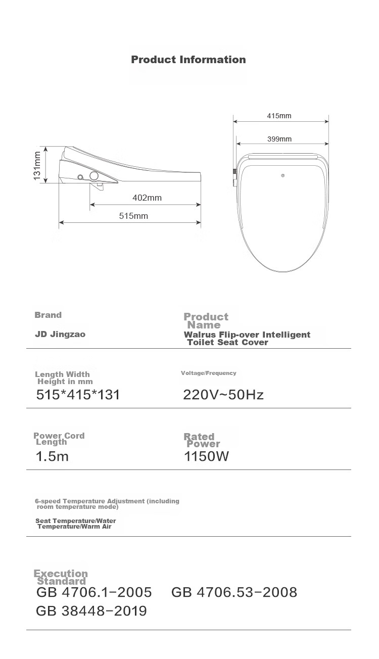 JD Original Elephant Smart Toilet Seat Cover, Fully Automatic Cleaning, Heating, Drying, Electric Heated Toilet Seat Cover, Flip-Up Cover Ring 22