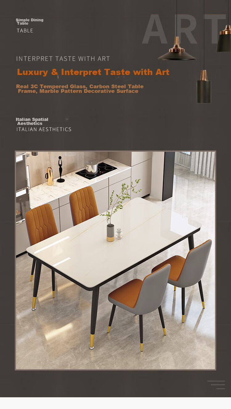 Fanshe Dining Table Set for Home Use, 4-6 Person Table with Chairs, Rock Slab Pattern Glass Small Apartment Dining Table And Chair Set 1