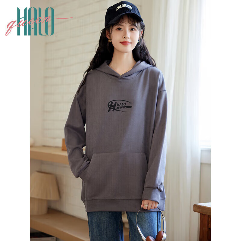 Halo Queen Women's Sweatshirt, Suede Fleece, Spring And Autumn, Hooded, Pocketed, Letter Print, Pullover, Loose Fit, Casual, New Product H143W1023