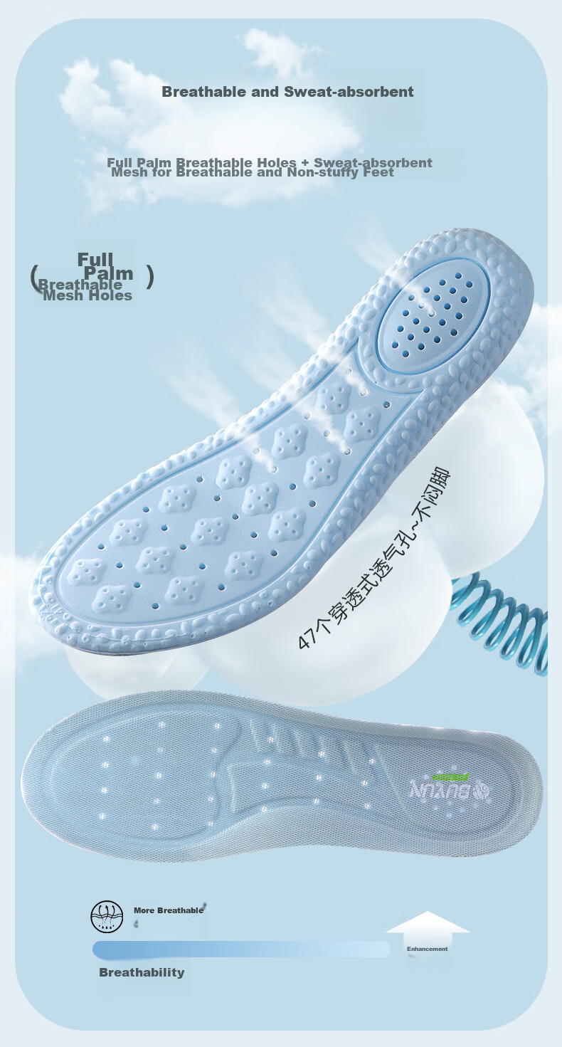 Buyun [4 Pairs] Insoles for Men, Sweat-Absorbing, Odor-Eliminating, Breathable, Soft And Elastic, Essential for Sports And Military Training, Anti-Pain Insoles, Gray And Blue 10